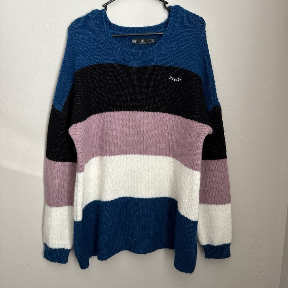 Volcom Women's Striped Crew Neck Sweater - Blue, Purple, Black, White